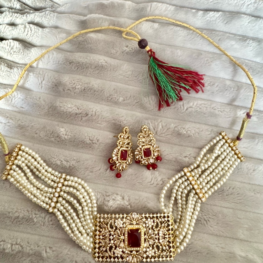 Elegant Gold and Red Pearl Choker Set